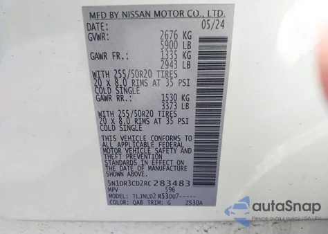 2024 Nissan Pathfinder Sl 4Wd из США, поврежденный, VIN 5N1DR3CD2RC283483